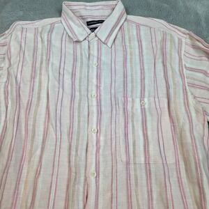 Bruno Striped Washable Linen Button Up Shirt Mens Large Pink Tan